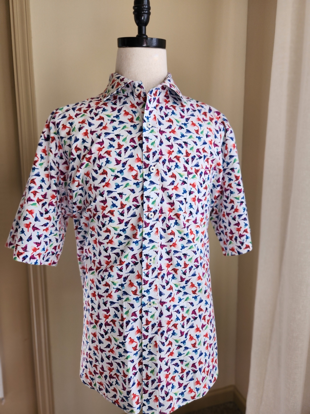 Alan Flusser 2XL Men's Short-Sleeve Button-Up Cotton Shirt Multicolor Bird Print